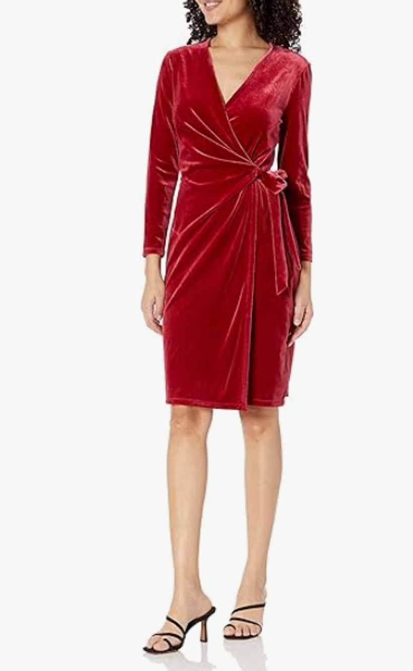 ANNE KLEIN Velvet Wrap Sheath Dress Medium Titian Red Mini V Neck Glam Chic NWT